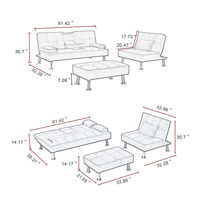 Fabric Folding Sofa Bed with 2 Cup Holders , Removable Armrest and Metal Legs ,Single Sofa Bed with Ottoman,3 pcs for 1 sets .