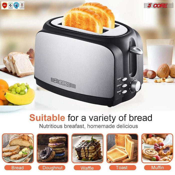 Toaster 2 Slice Stainless Steel Bread Toster Extra Wide Reheat Functions Removable Crumb Tray