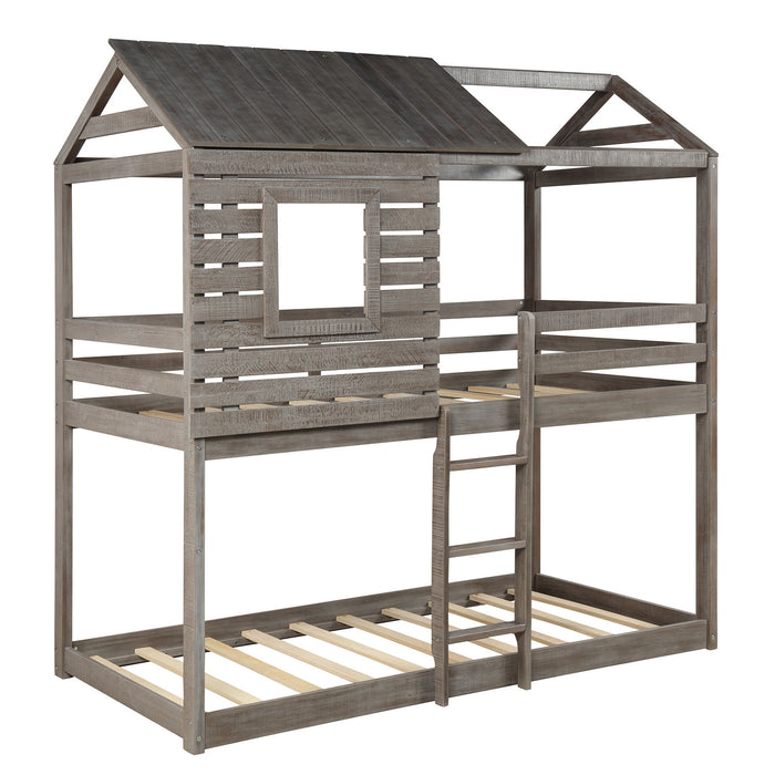 Twin Over Twin Bunk Bed Wood Loft Bed with Roof, Window, Guardrail, Ladder