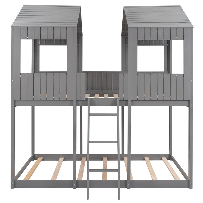 New Space Full Over Full Wood Bunk Bed with Roof Window