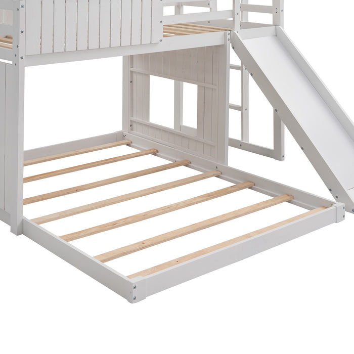 New Space Wooden Twin Over Full Bunk Bed, Loft Bed with Playhouse