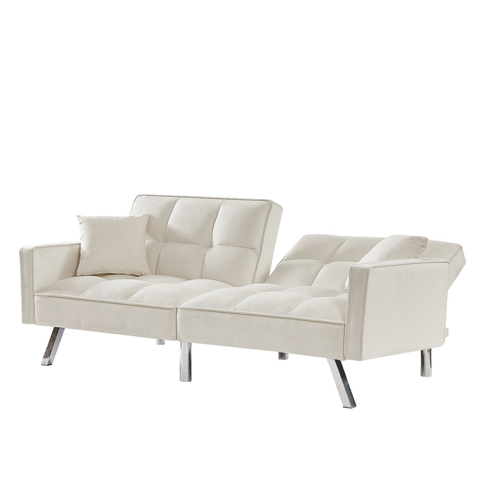 Modern Velvet Sofa Couch Bed with Armrests and 2 Pillows for Living Room and Bedroom .(White)