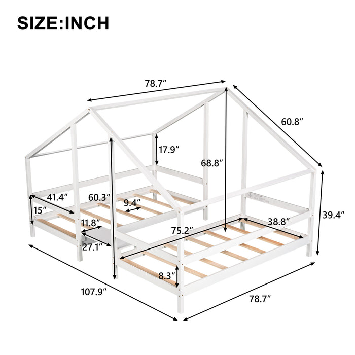 Double Twin Size Triangular House Beds with Built-in Table