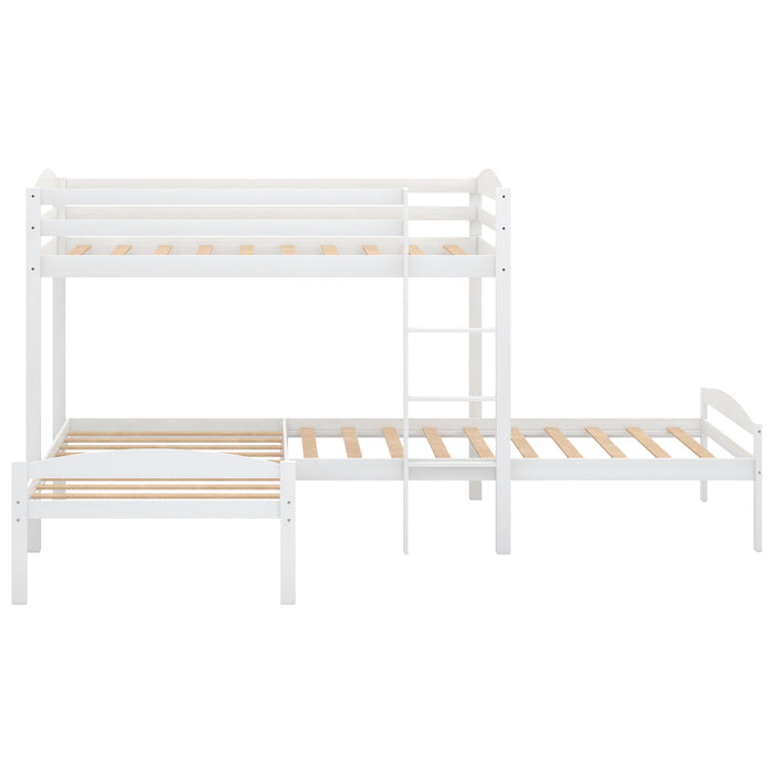 Twin over Twin over Twin Bed, L-shaped Bunk Bed, Pine Wood Bed Frame