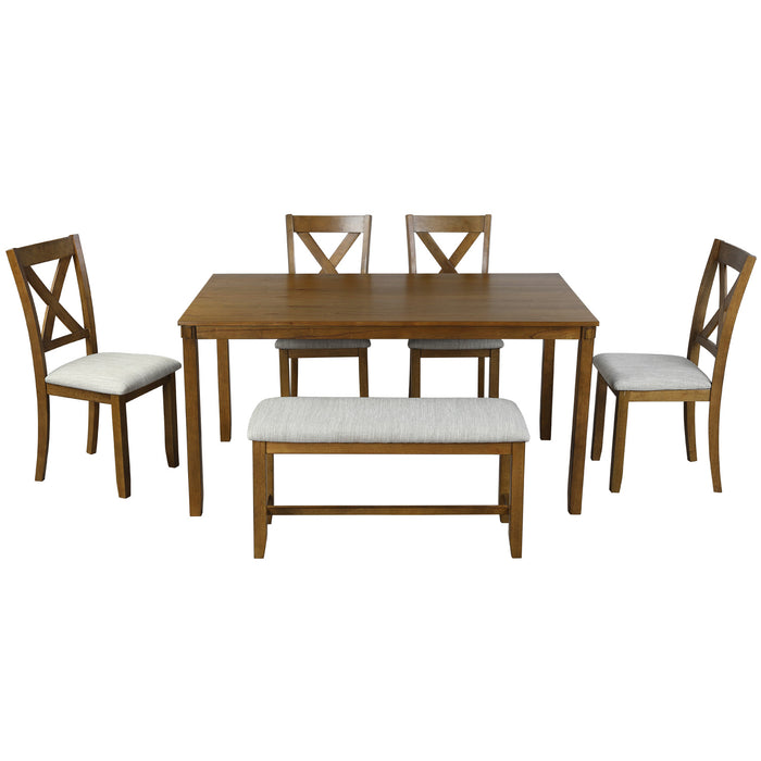 6-Piece Kitchen Dining Table Set Wooden Rectangular Dining Table, 4 Dining Chairs and Bench Family Furniture for 6 People