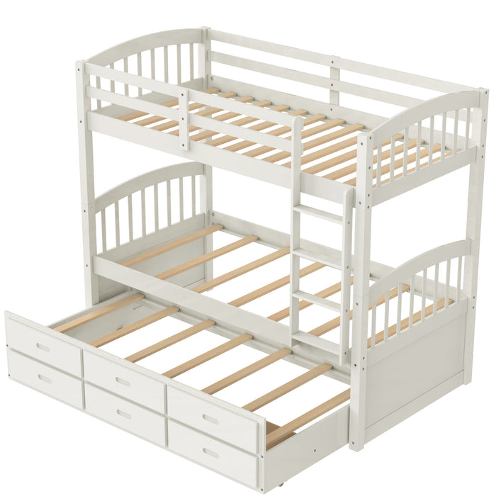 Twin over Twin Wood Bunk Bed with Trundle and Drawers,White