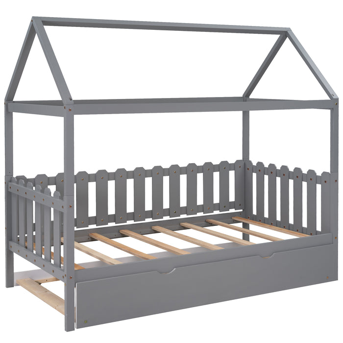 Twin Size House Bed with trundle, Fence-shaped Guardrail, White