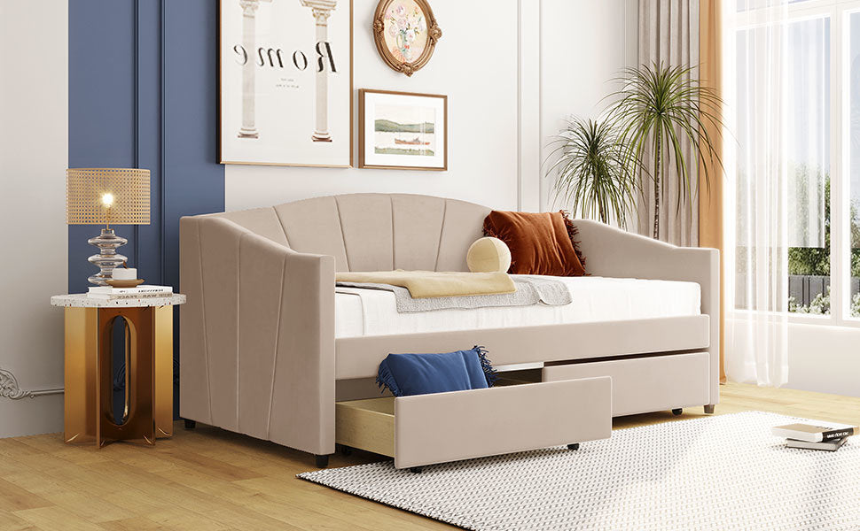 New Space Upholstered daybed Twin Size with Two Drawers and Wood Slat Suppot