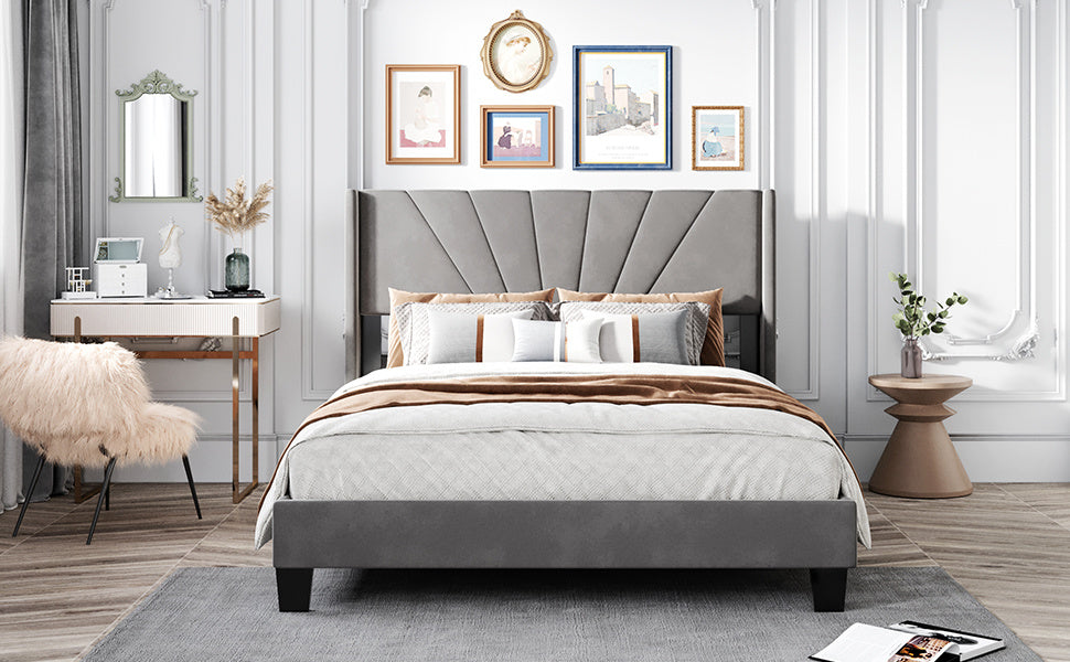 New Space Queen Size Velvet Upholstered Platform Bed