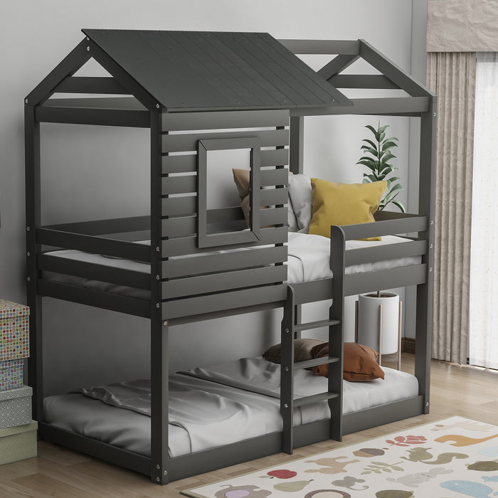 Twin Over Twin Bunk Bed Wood Loft Bed with Roof, Window, Guardrail, Ladder