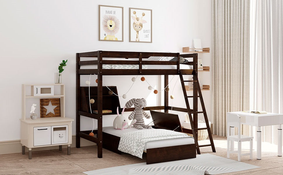 EZ Bunkz Twin Size Loft Bed Wood Bed with Convertible Lower Bed, Storage Drawers