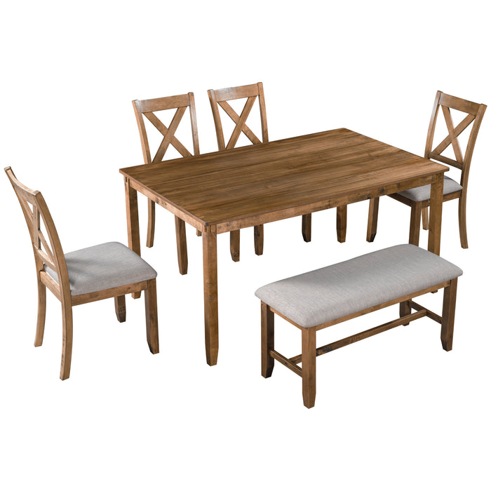 6-Piece Kitchen Dining Table Set Wooden Rectangular Dining Table, 4 Fabric Chairs and Bench Family Furniture