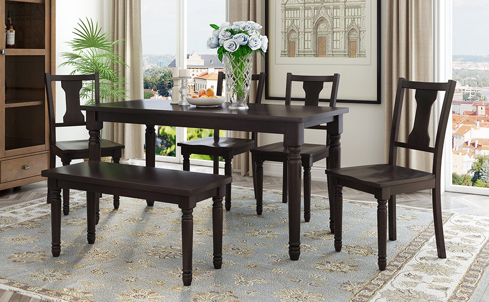 Classic Dining Set Wooden Table and 4 Chairs with Bench for Kitchen Dining Room, Espresso (Set of 6)
