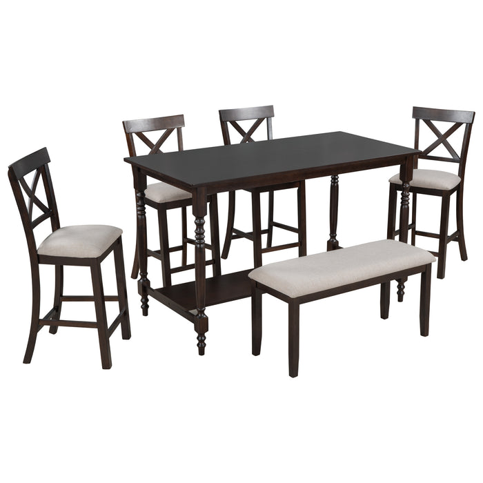 6-Pieces Counter Height Dining Table Set Table with Shelf 4 Chairs and Bench for Dining Room