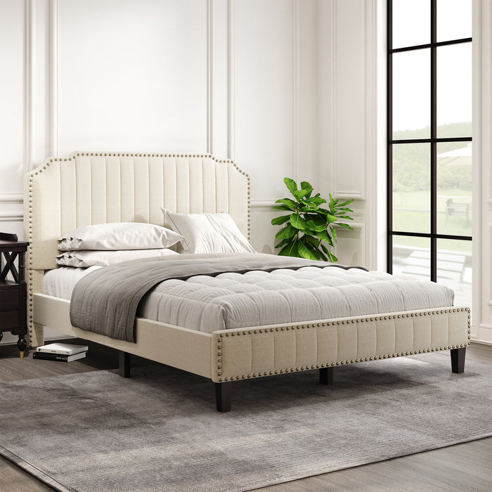 Pumpumly Modern Linen Curved Upholstered Platform Bed,Solid Wood Frame,Nailhead Trim (Queen)