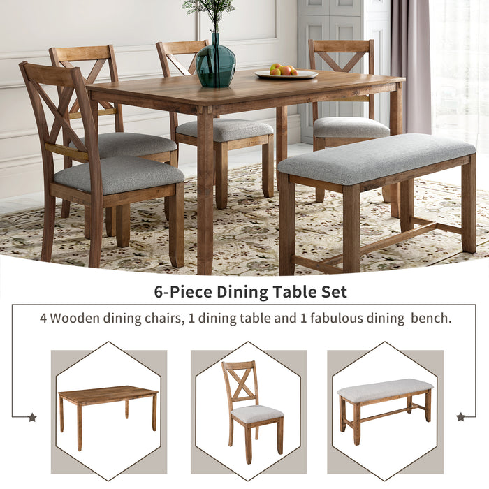 6-Piece Kitchen Dining Table Set Wooden Rectangular Dining Table, 4 Fabric Chairs and Bench Family Furniture