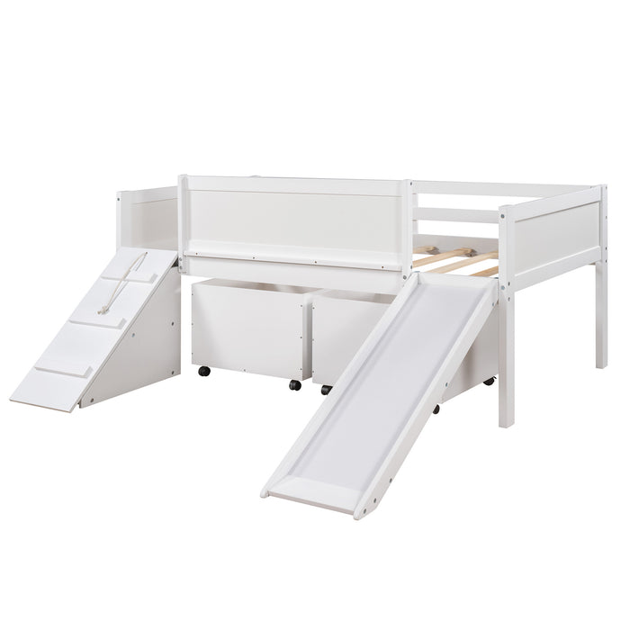 New Space Twin size Low Loft Bed Wooden Bed with Two Storage Boxes
