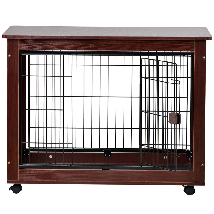 39' Length Furniture Style Pet Dog Crate Cage End Table with Wooden Structure and Iron Wire and Lockable Caters, Medium and Large Dog House Indoor Use.
