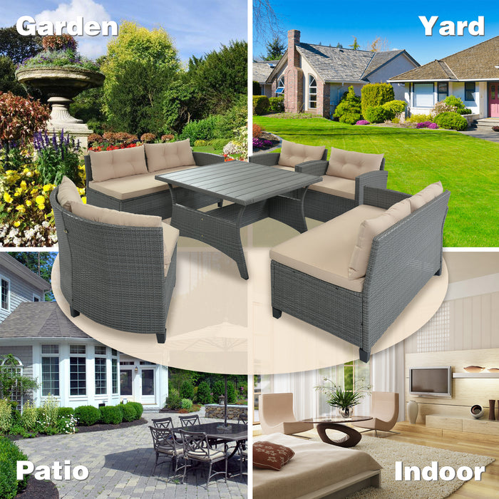 6-Piece Outdoor Wicker Sofa Set, Patio Rattan Dinning Set, Sectional Sofa with Thick Cushions and Pillows, Plywood Table Top, For Garden, Yard, Deck. (Gray Wicker, Beige Cushion)