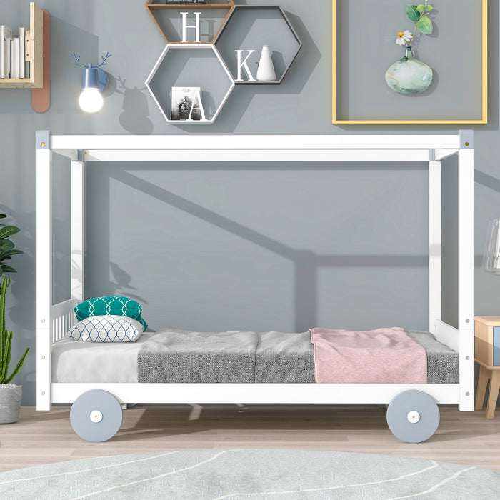 New Space Natural Twin Size Canopy Car-Shaped Platform Bed