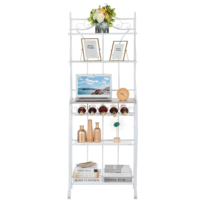 HODELY Lace White 5-Layer Light Walnut MDF Board With Wine Rack Iron Kitchen Shelves RT