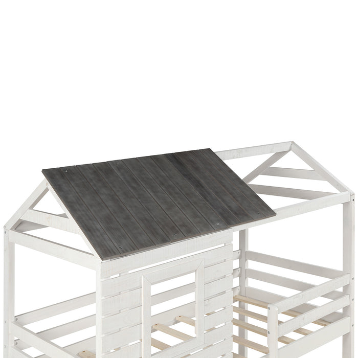 Twin Over Twin Bunk Bed Wood Loft Bed with Roof, Window, Guardrail, Ladder