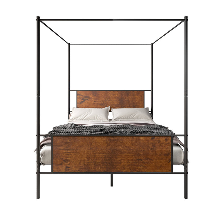 Queen Size Canopy Bed Frame with Wooden Headboard