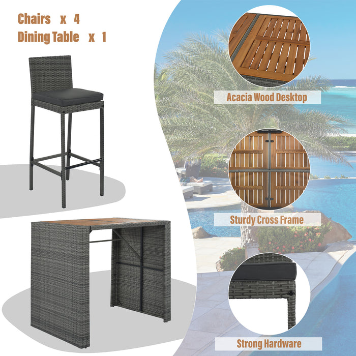 5-pieces Outdoor Patio Wicker Bar Set, Bar Height Chairs With Non-Slip Feet And Fixed Rope, Removable Cushion, Acacia Wood Table Top, Brown Wood And Gray Wicker