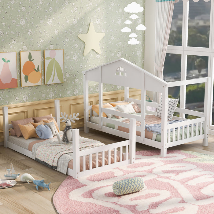 MyRoom Twin Over Twin House Bunk Bed With Convertible Slide And Ladder