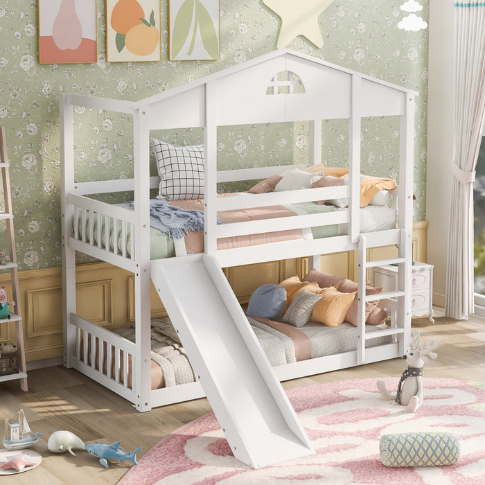 MyRoom Twin Over Twin House Bunk Bed With Convertible Slide And Ladder