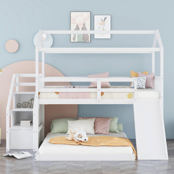 New Space Twin over Full House Bunk Bed with Convertible Slide and Storage Staircase