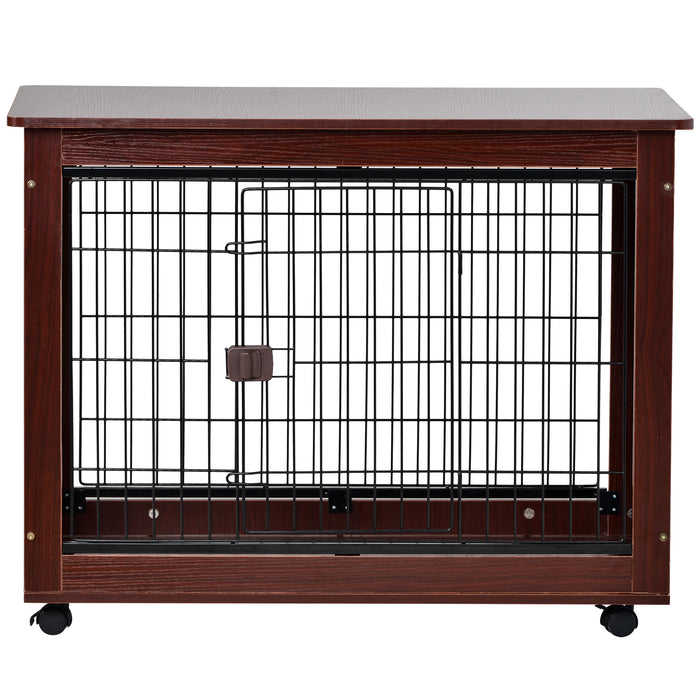 39' Length Furniture Style Pet Dog Crate Cage End Table with Wooden Structure and Iron Wire and Lockable Caters, Medium and Large Dog House Indoor Use.