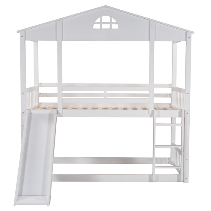MyRoom Twin Over Twin House Bunk Bed With Convertible Slide And Ladder