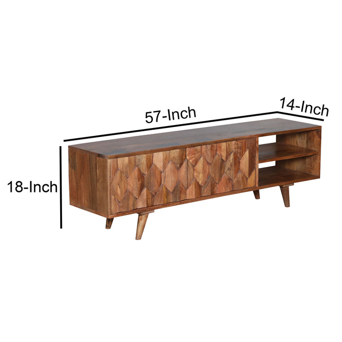 DunaWest Ero 57 Inch Mango Wood Media Console TV Cabinet, 2 Honeycomb Inlaid Doors, Natural Brown