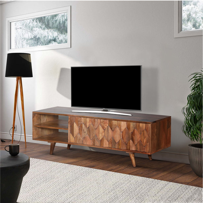 DunaWest Ero 57 Inch Mango Wood Media Console TV Cabinet, 2 Honeycomb Inlaid Doors, Natural Brown