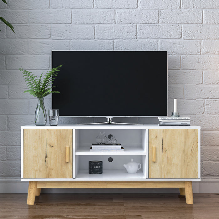 TV Stand Mid-Century Wood Modern Entertainment Center Adjustable Storage Cabinet TV Console for Living Room , White & Oak