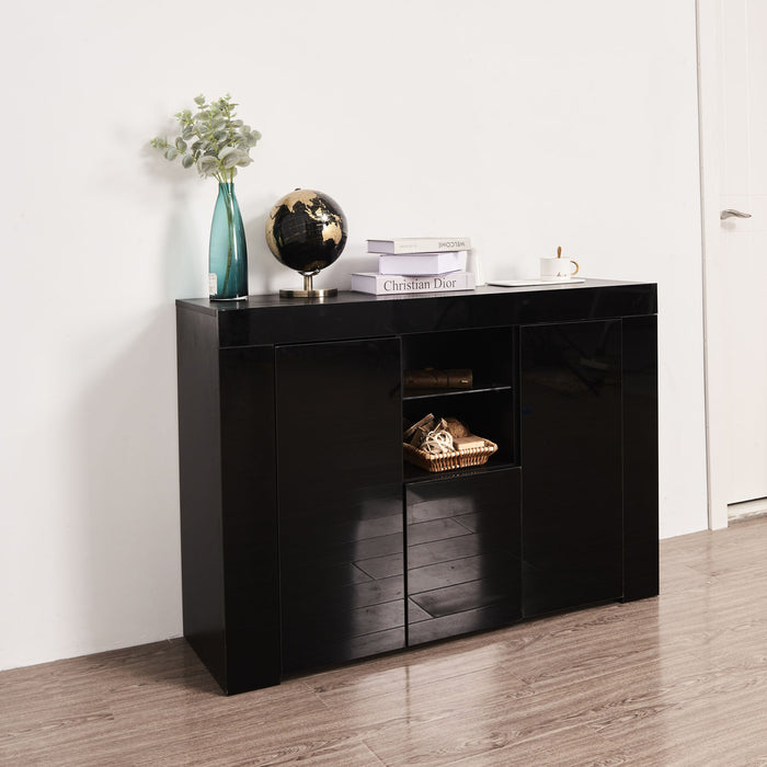 Kitchen Sideboard Cupboard with LED Light, White High Gloss Dining Room Buffet Storage Cabinet Hallway Living Room TV Stand Unit Display Cabinet with Drawer and 2 Doors