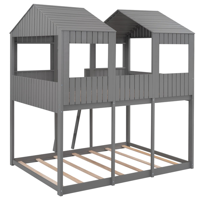 New Space Full Over Full Wood Bunk Bed with Roof Window