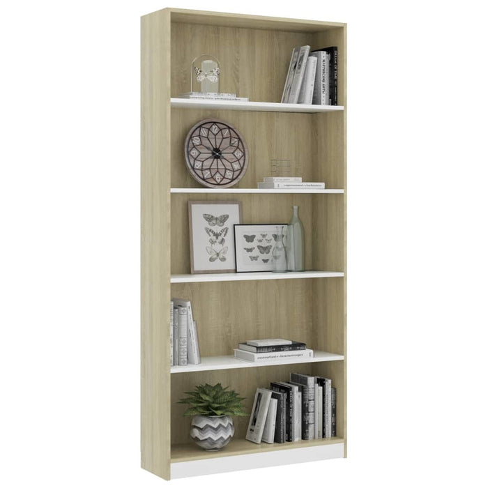 5-Tier Book Cabinet White and Sonoma Oak 31.5"x9.4"x68.9" Chipboard