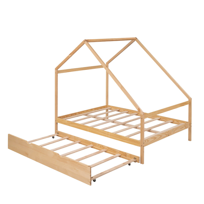 New Space Full Size Wooden House Bed With Twin Size Trundle