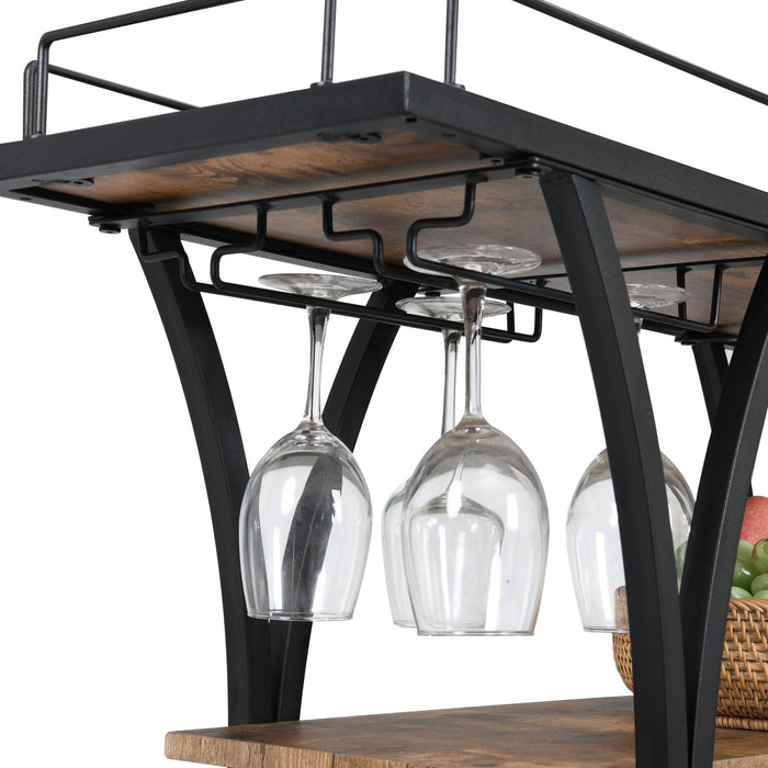 Industrial Black Bar Serving Cart for home with Wine Rack and Glass Holder, 3-tier Shelves, Metal Frame