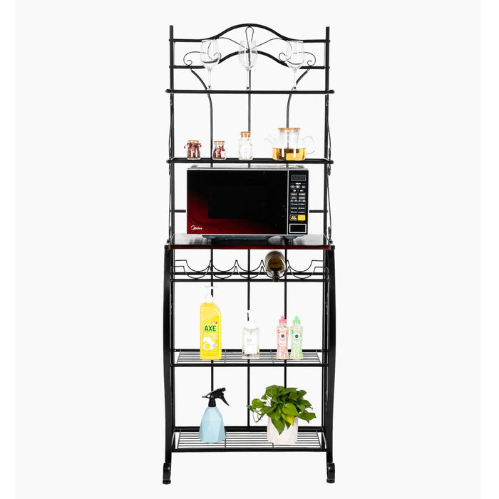 5-Tier Metal Kitchen Bakers Rack , Microwave Storage Rack Oven Stand with Wine Storage Organizer Workstation Black (25" x 16" x 68")