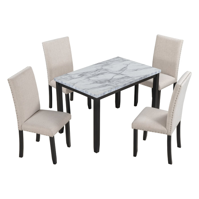 Faux Marble 5-Piece Dining Set Table with 4 Thicken Cushion Dining Chairs
