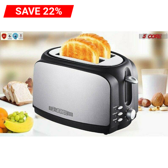 Toaster 2 Slice Stainless Steel Bread Toster Extra Wide Reheat Functions Removable Crumb Tray