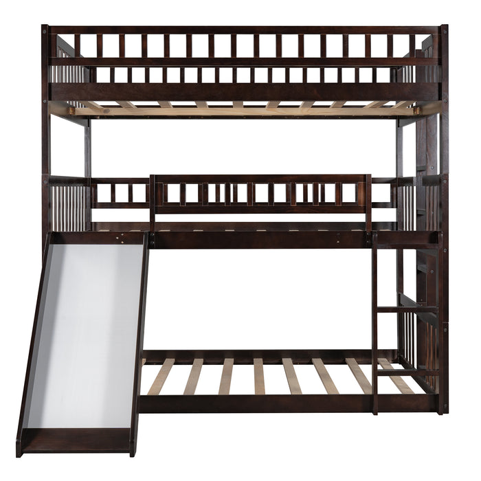 Triple Bed with Built-in Ladder and Slide , Triple Bunk Bed with Guardrails