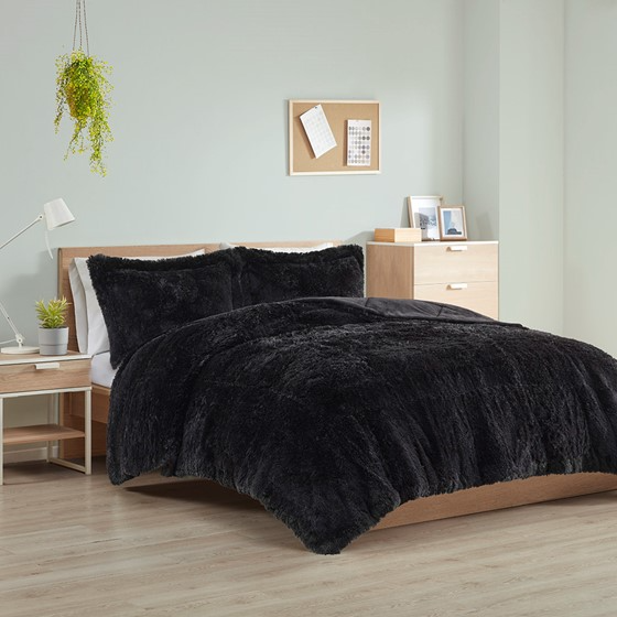 Malea Shaggy Faux Fur Comforter Mini Set (Black)