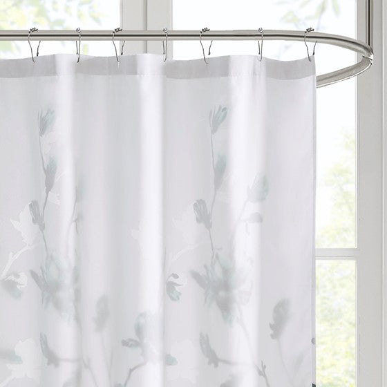 Magnolia Floral Printed Burnout Shower Curtain (Aqua)