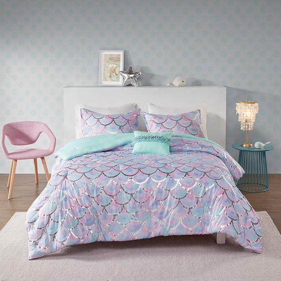 Pearl Metallic Printed Reversible Comforter Set (Aqua/Purple)