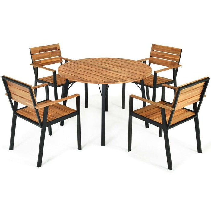 Wood Patio Dining Chair Set with Umbrella Hole - 5 Piece