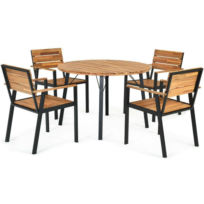 Wood Patio Dining Chair Set with Umbrella Hole - 5 Piece